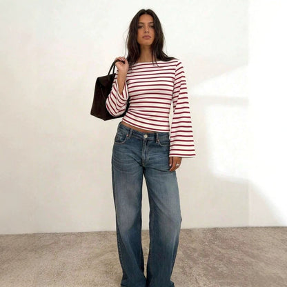 Striped Knit Crop Top Bell Sleeve Y2K Slim Fit