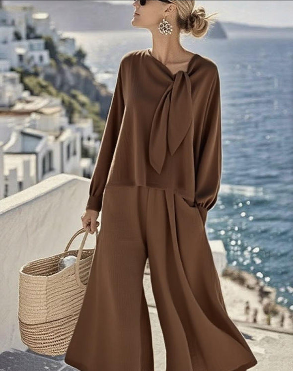 Women's Tie Neck Top Wide Leg Pants Two Piece Set