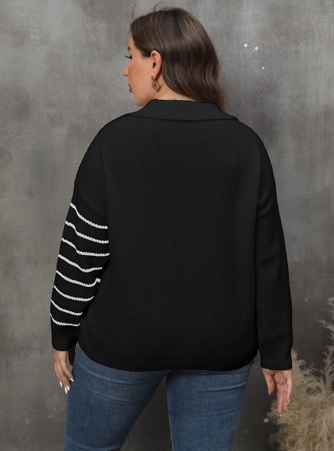 Women's Contrasting Splicing Striped POLO Neck Pullover Sweater