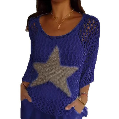 Women's Star Crochet Sweater 3/4 Sleeve Lightweight Top