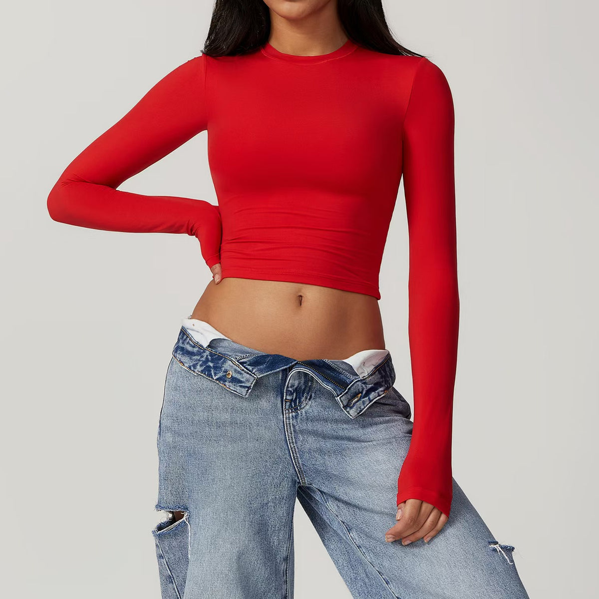 Women's Fitted Long Sleeve Crop Top Athletic Workout Shirt