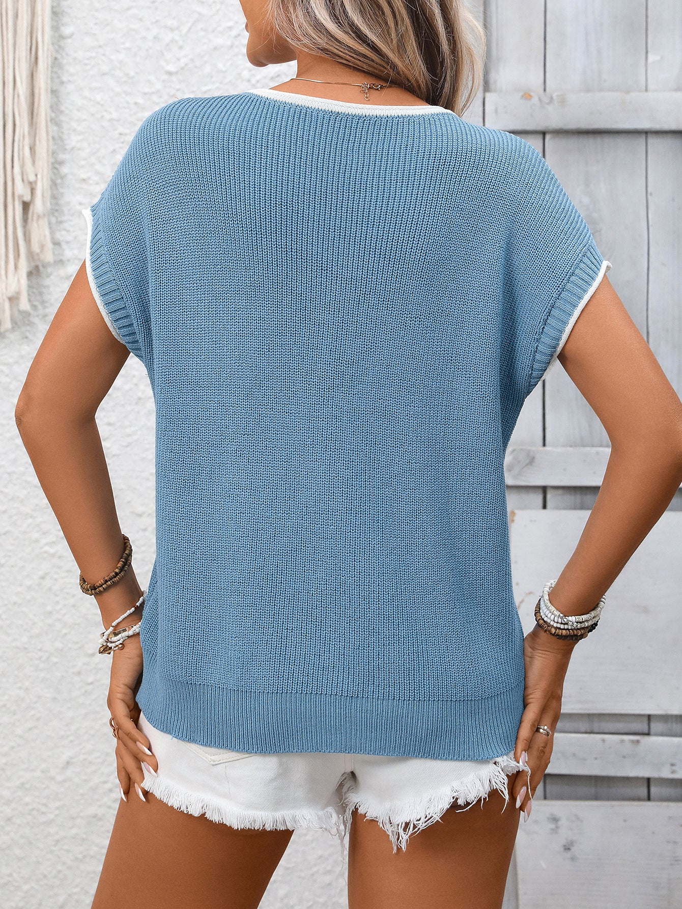Contrast Trim Knit Top Short Sleeve Casual Sweater