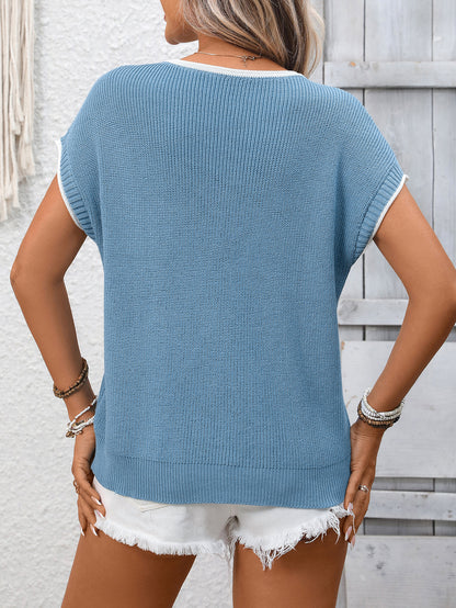 Contrast Trim Knit Top Short Sleeve Casual Sweater
