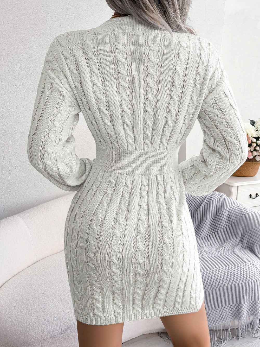 Trendy V-Neck Cable Knit Waist-Cinching Sweater Dress