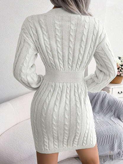 Trendy V-Neck Cable Knit Waist-Cinching Sweater Dress