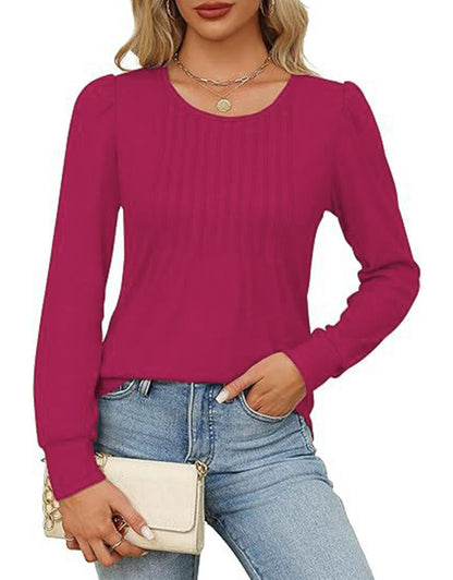 Solid Cotton Pintuck Blouse Long Sleeve Work Top