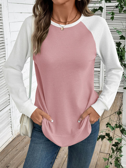 Colorblock Waffle Knit Long Sleeve Top Women Casual Tee