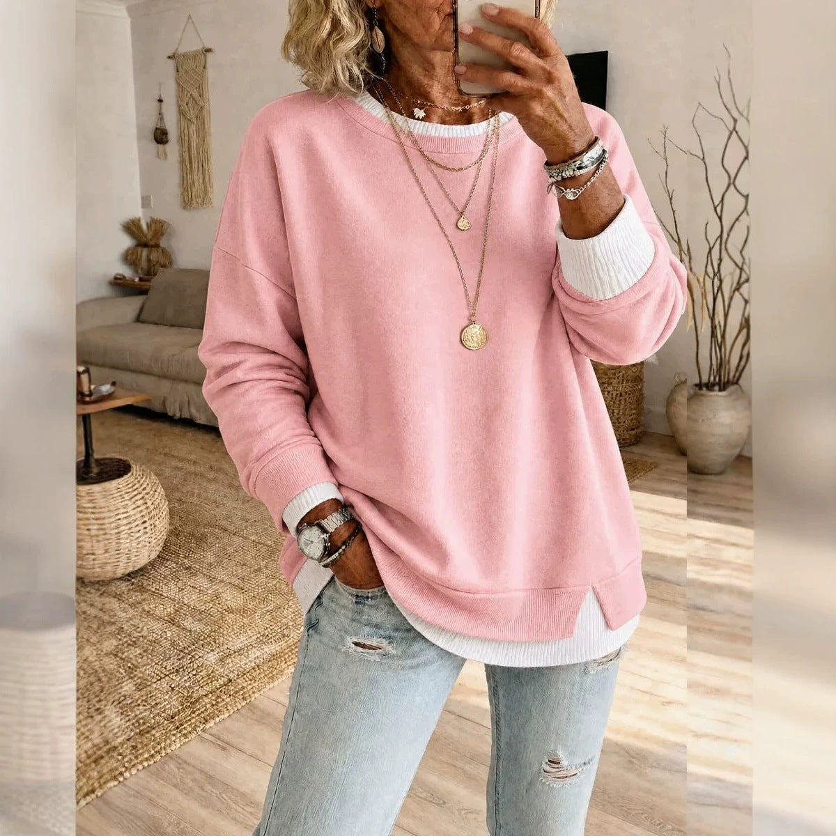 Oversized Layered Crewneck Sweatshirt Side Slit Ribbed