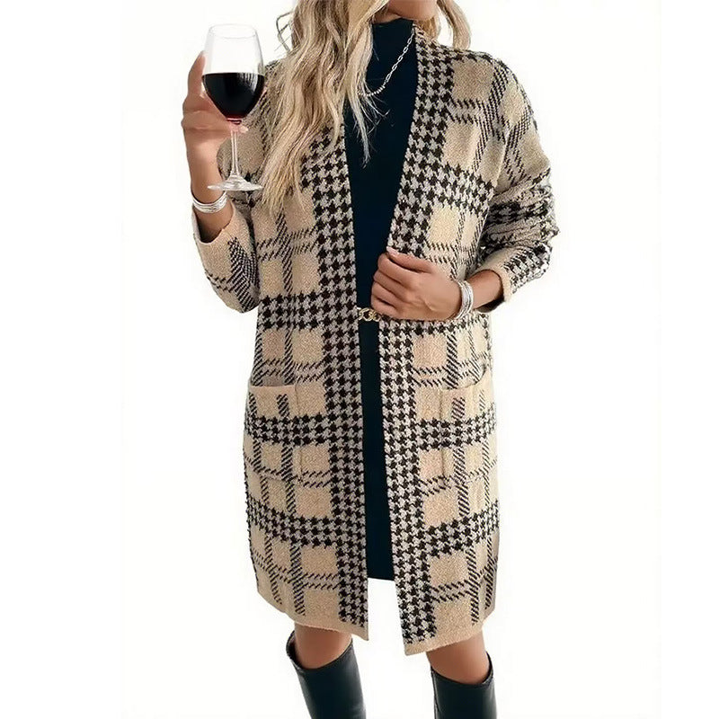 Women's Houndstooth Long Oversized Open Front Cardigan