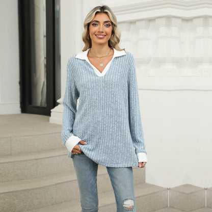 Women's Oversized Contrast Collar V Neck Long Sleeve Top