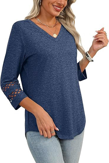 White V-Neck Lace Sleeve Casual Knit Top for Women