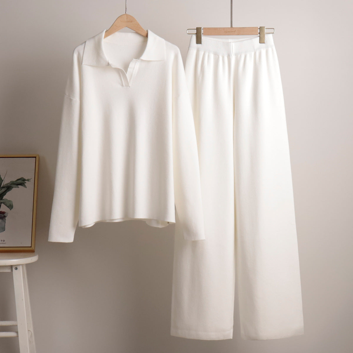 Women's Polo Knit Sweater Set with Wide Leg Pants