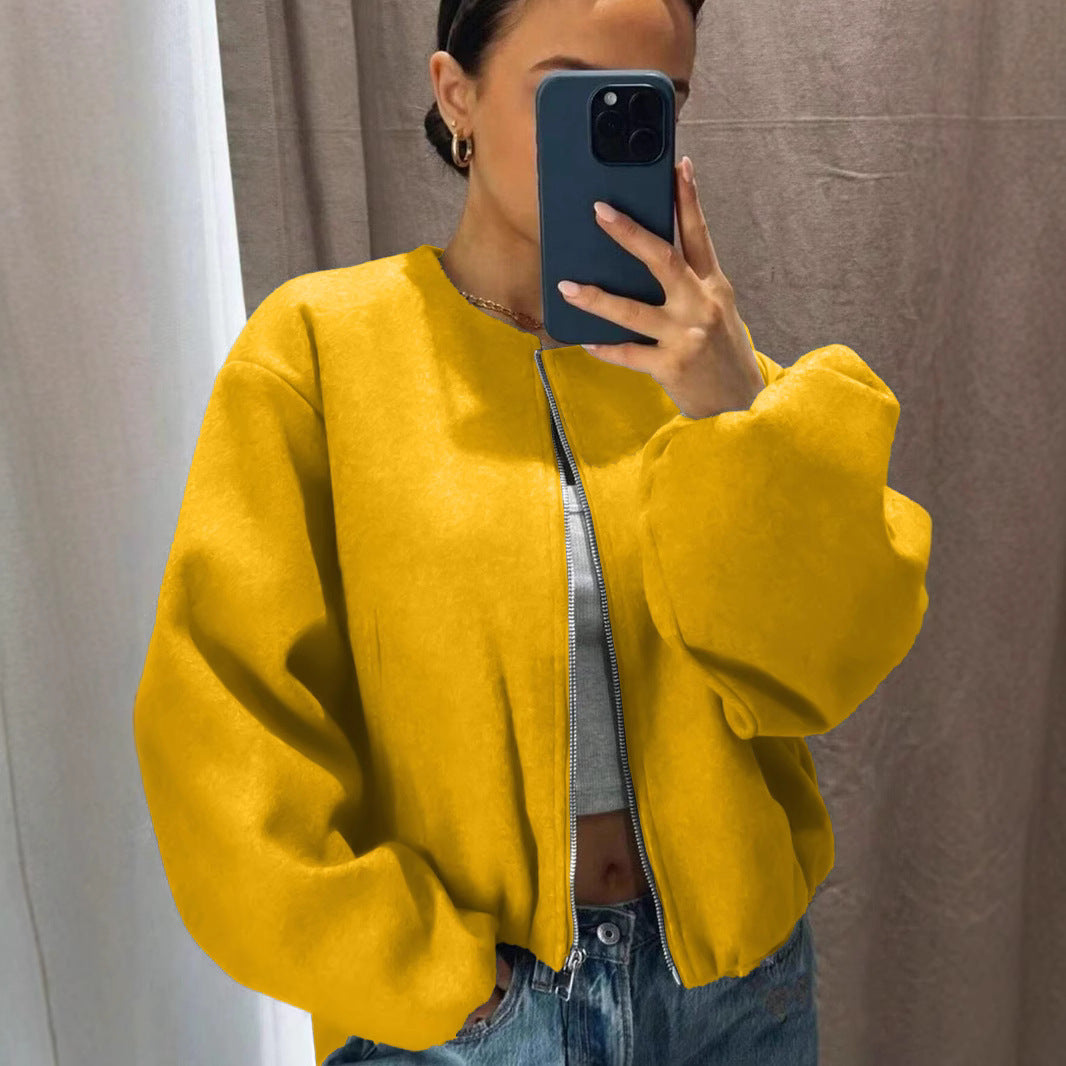 Women's Zip Up Bomber Jacket Lantern Sleeve Streetwear