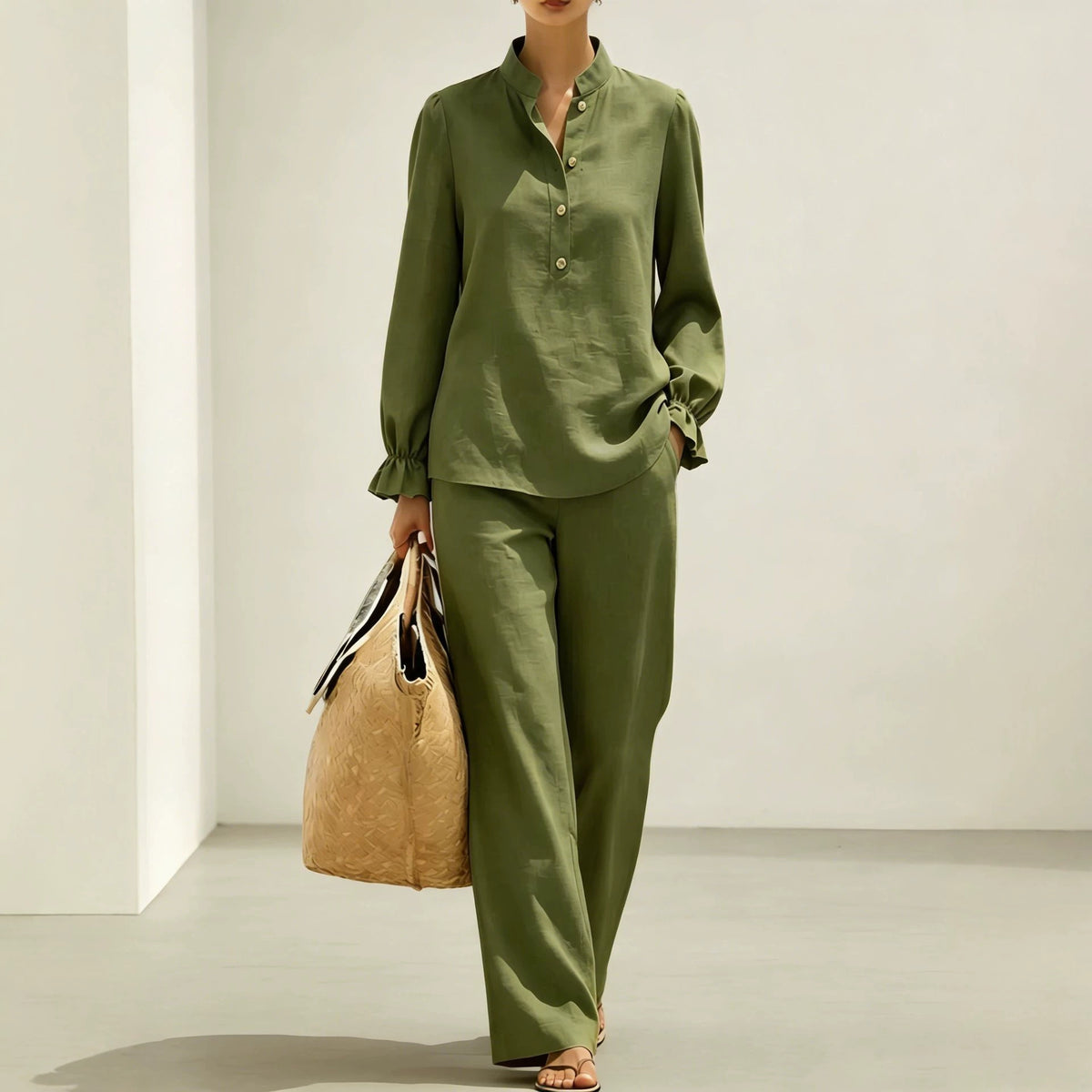Women Puff Sleeve Blouse Wide Leg Pants Two Piece Set