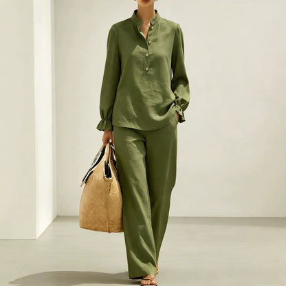 Women Puff Sleeve Blouse Wide Leg Pants Two Piece Set