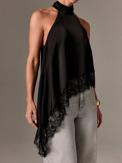 Satin Lace Trim Halter Tank Sleeveless Summer Top