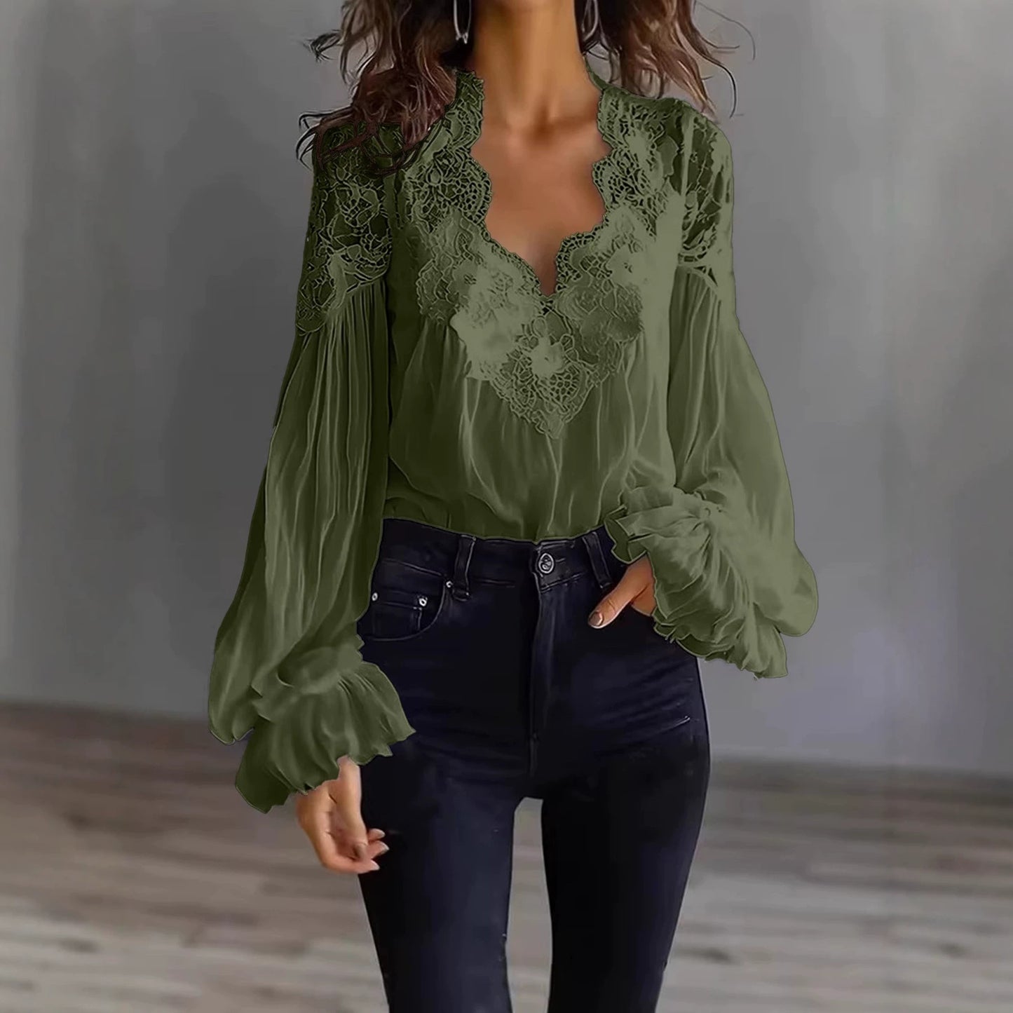 Embroidered Lace V Neck Balloon Sleeve Blouse