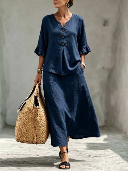 Boho Button Front Flounce Sleeve Top Midi Skirt Set