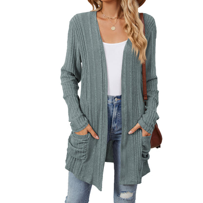 Women's Long Sleeve Ribbed Open Front Cardigan Pockets