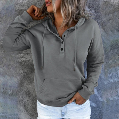Women's Henley Hoodie Button Drawstring Pocket Pullover