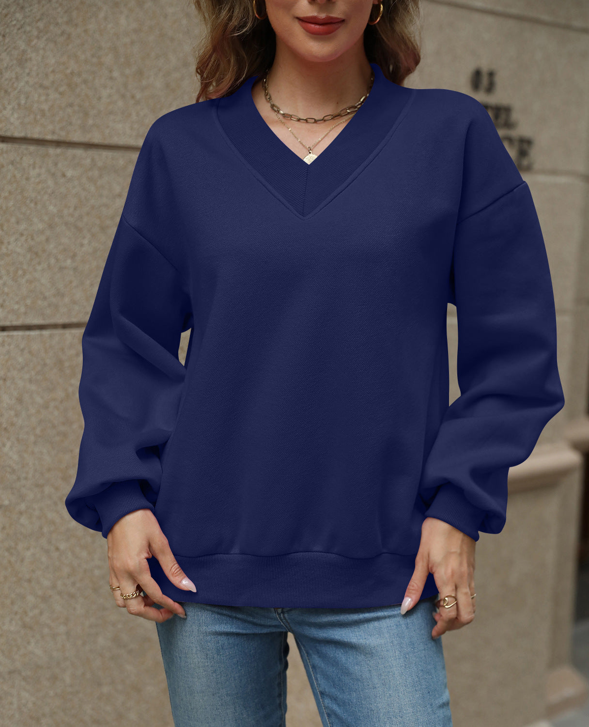 Colorblock V Neck Fleece Sweatshirt Women Casual Pullover Top