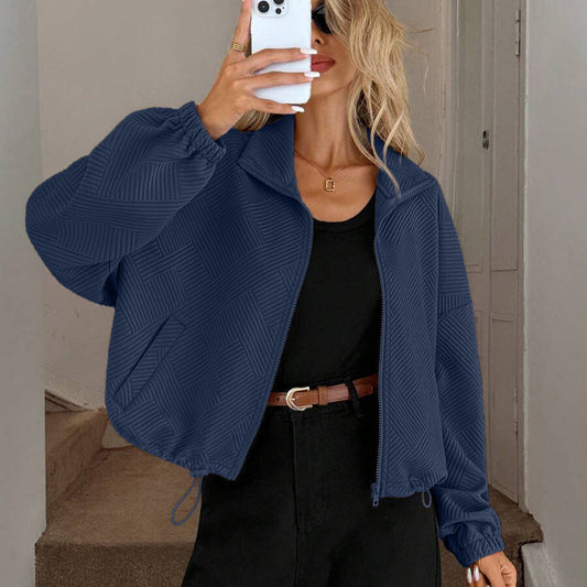 Textured Zip Up Bomber Jacket Drawstring Hem Casual Coat