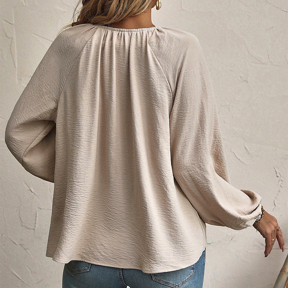Tie Front V Neck Blouse Raglan Sleeve Relaxed Top