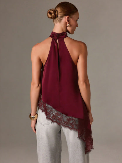 Satin Lace Trim Halter Tank Sleeveless Summer Top