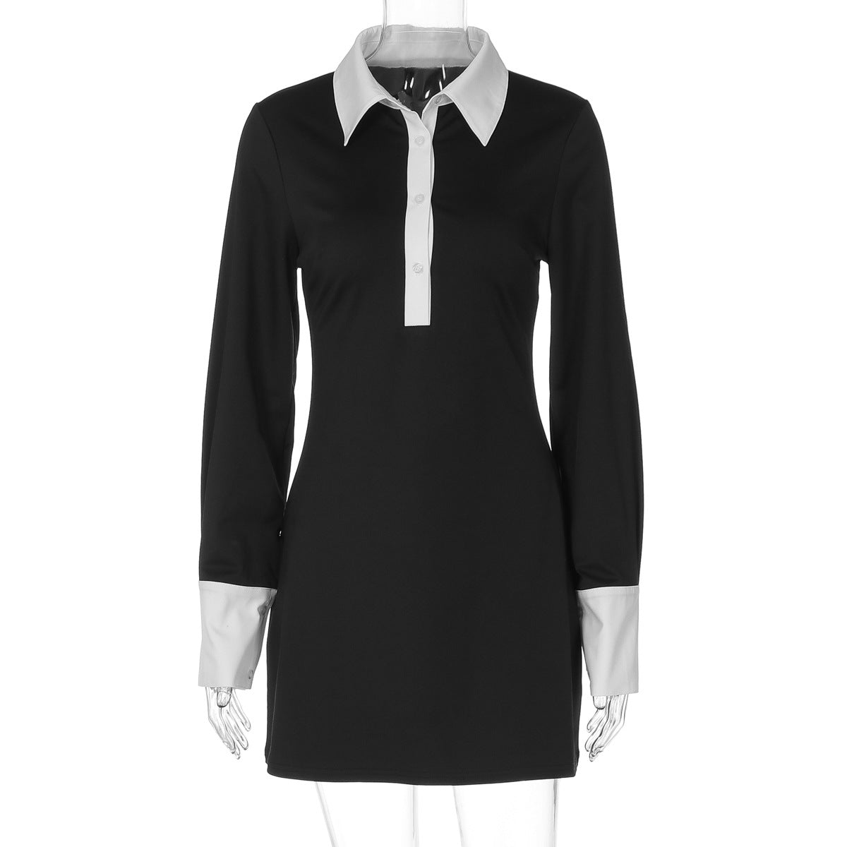 Women's Contrast Collar Long Sleeve Bodycon Mini Dress