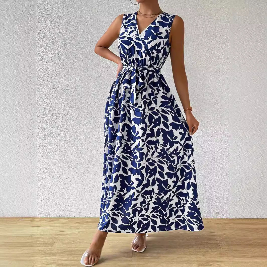 Elegant French Holiday Style V-Neck Printed Lace-Up Maxi Dress