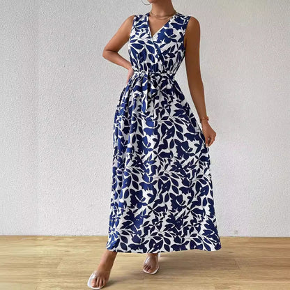 Elegant French Holiday Style V-Neck Printed Lace-Up Maxi Dress