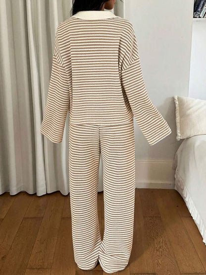 Striped Collared Knit Lounge Set Wide Leg Pants Set