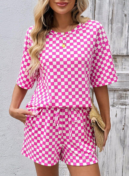 Rose Red Checkerboard Tee and Drawstring Shorts Set
