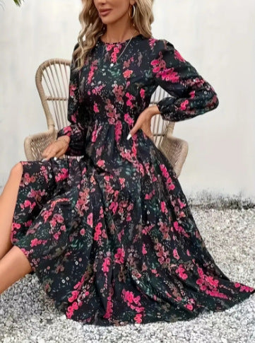 Women's Smocked Floral Long Sleeve Maxi Dress Casual Flowy