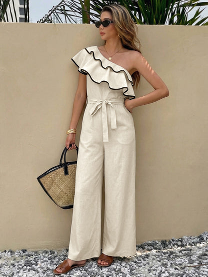 Women One Shoulder Ruffle Jumpsuit Wide Leg High Waist Tie Waist