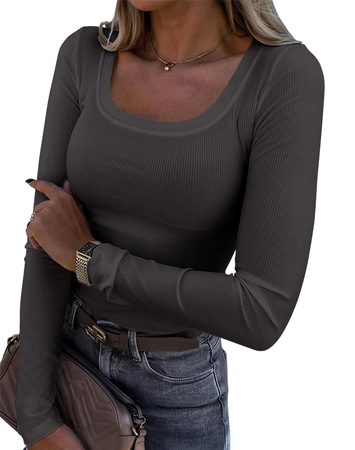Women's Ribbed Scoop Neck Long Sleeve Fitted Top