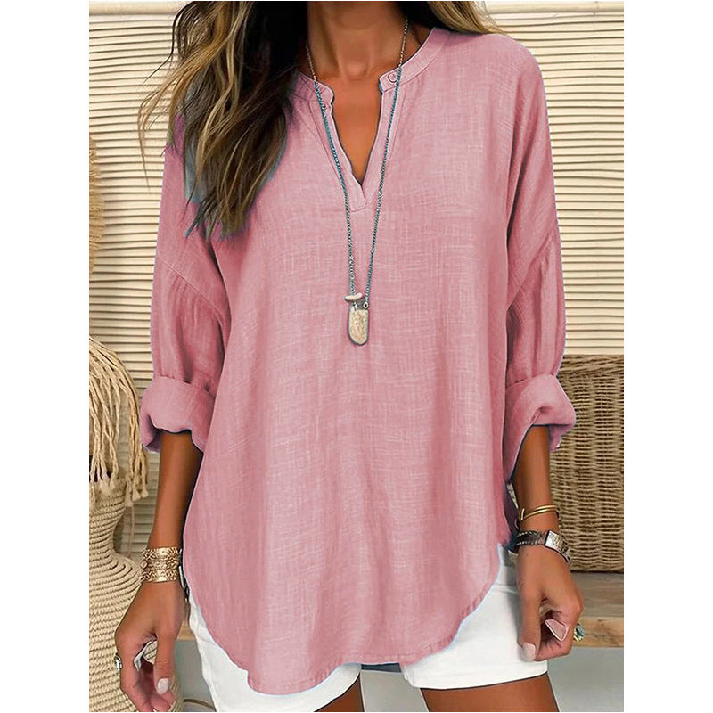 Plus Size V Neck Long Sleeve Cotton Linen Tunic Top