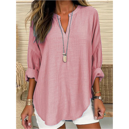 Plus Size V Neck Long Sleeve Cotton Linen Tunic Top