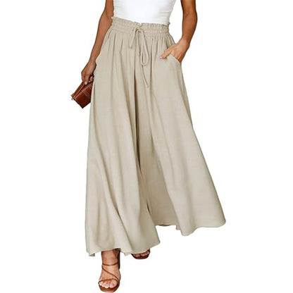 High-Waist Wide-Leg Palazzo Pants – Cotton-Linen Blend with Pockets