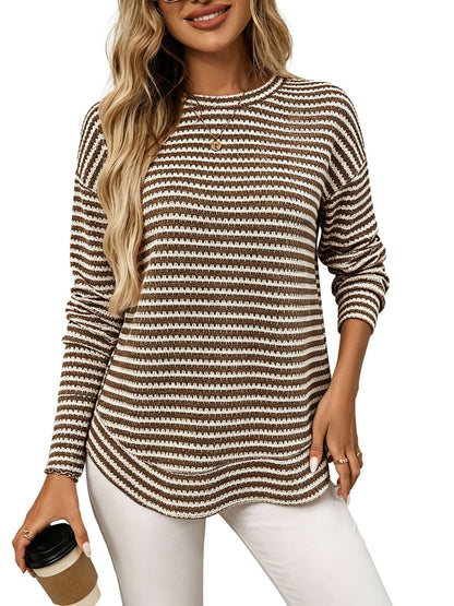 Striped waffle knit tunic top relaxed curved hem