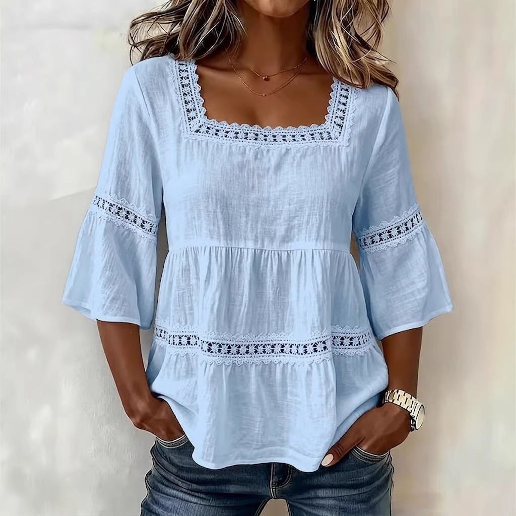 Women's Square Neck Lace Trim 3/4 Sleeve Linen Blend Top