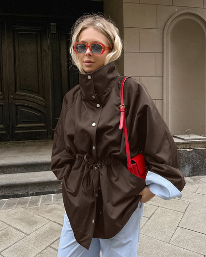 Womens Minimalist Stand Collar Drawstring Waist Jacket