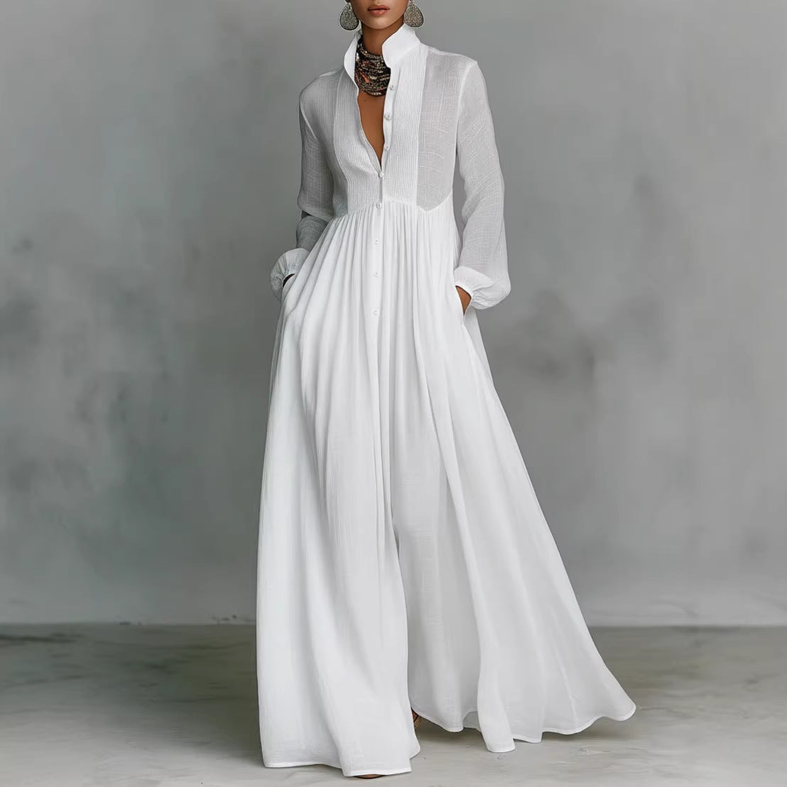 White Long Sleeve Pleated Maxi Dress Flowy