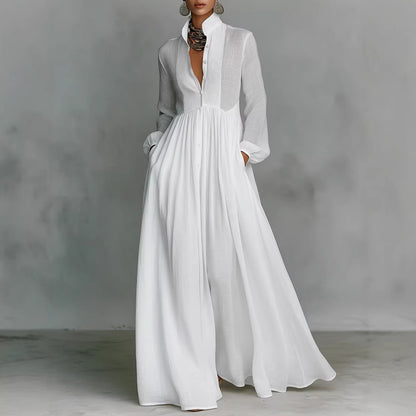 White Long Sleeve Pleated Maxi Dress Flowy