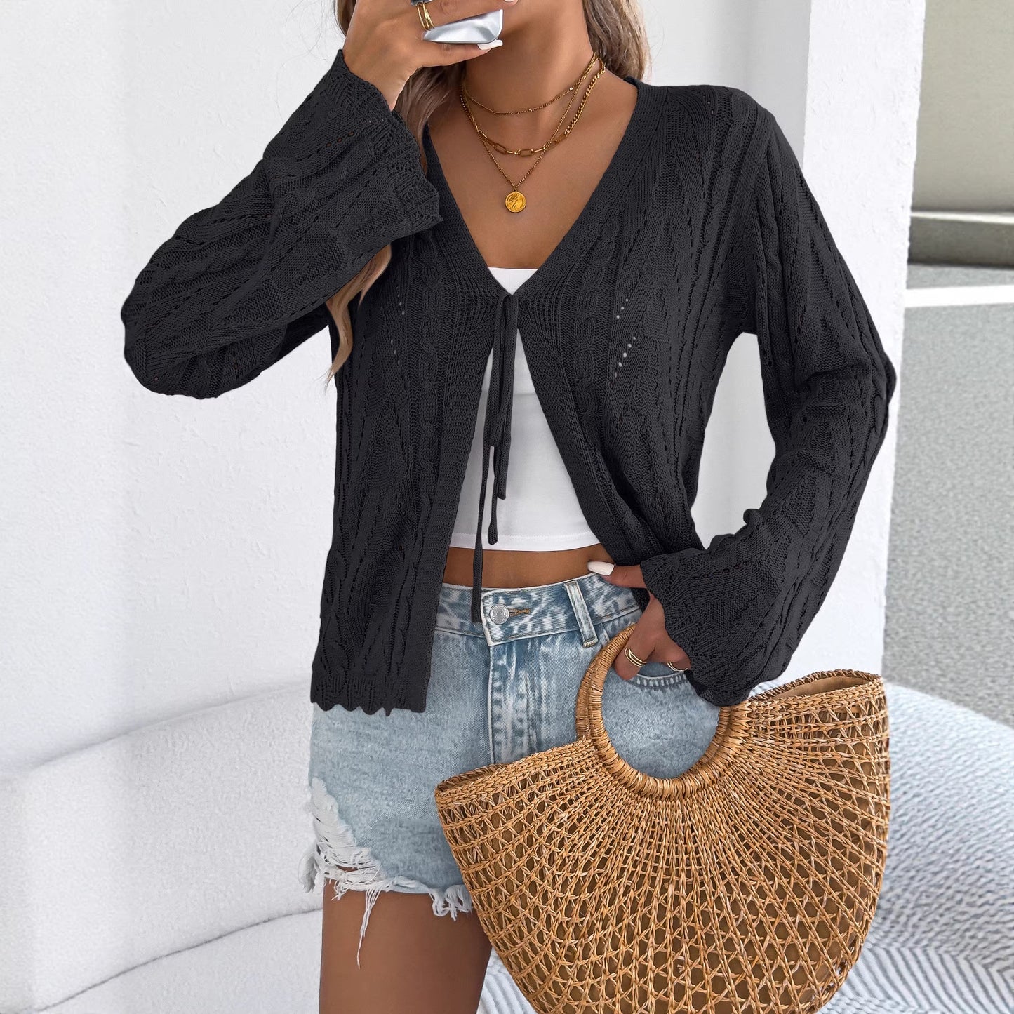 Solid Hollow Knit Tie-Front Bell Sleeve Cardigan