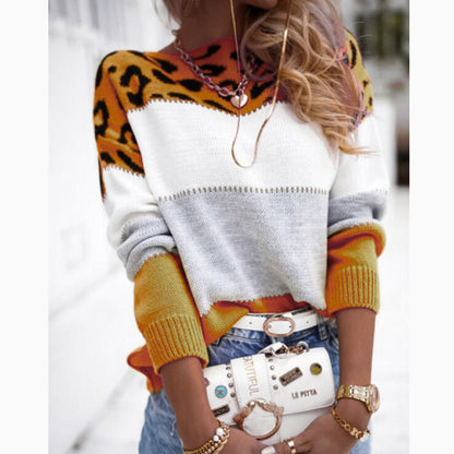 Women's Leopard Color Block Crewneck Sweater