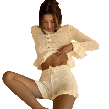 Cozy Knit Two Piece Set Button Front Top & Shorts