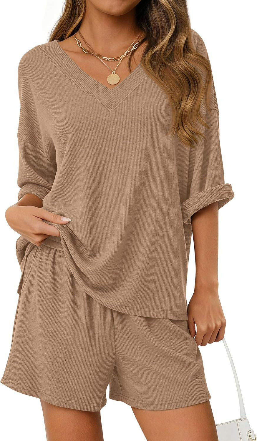 Ribbed V Neck Lounge Set Oversized Top Shorts Set