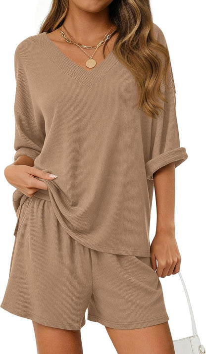 Ribbed V Neck Lounge Set Oversized Top Shorts Set