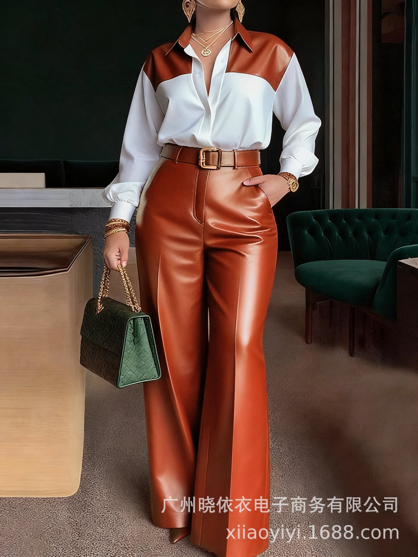 Color Block Shirt Faux Leather Wide Leg Pants Belted Set